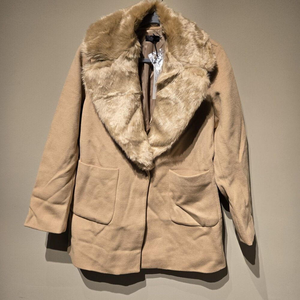 Love Token Women's Size L Tan Wool Blend Faux Fur Removable Collar Coat New